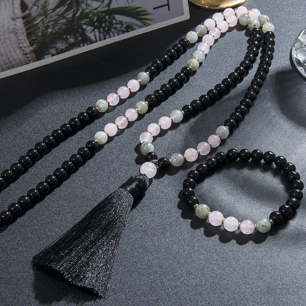 Комплект из ожерелья и кисточек 8 мм желтый тигровый глаз тюркеса Африканский