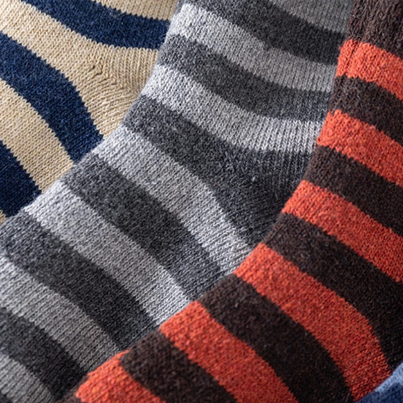 5 Pairs Men Thick Thermal Warm Crew Socks Faux Wool Knit Striped Pattern Hosiery