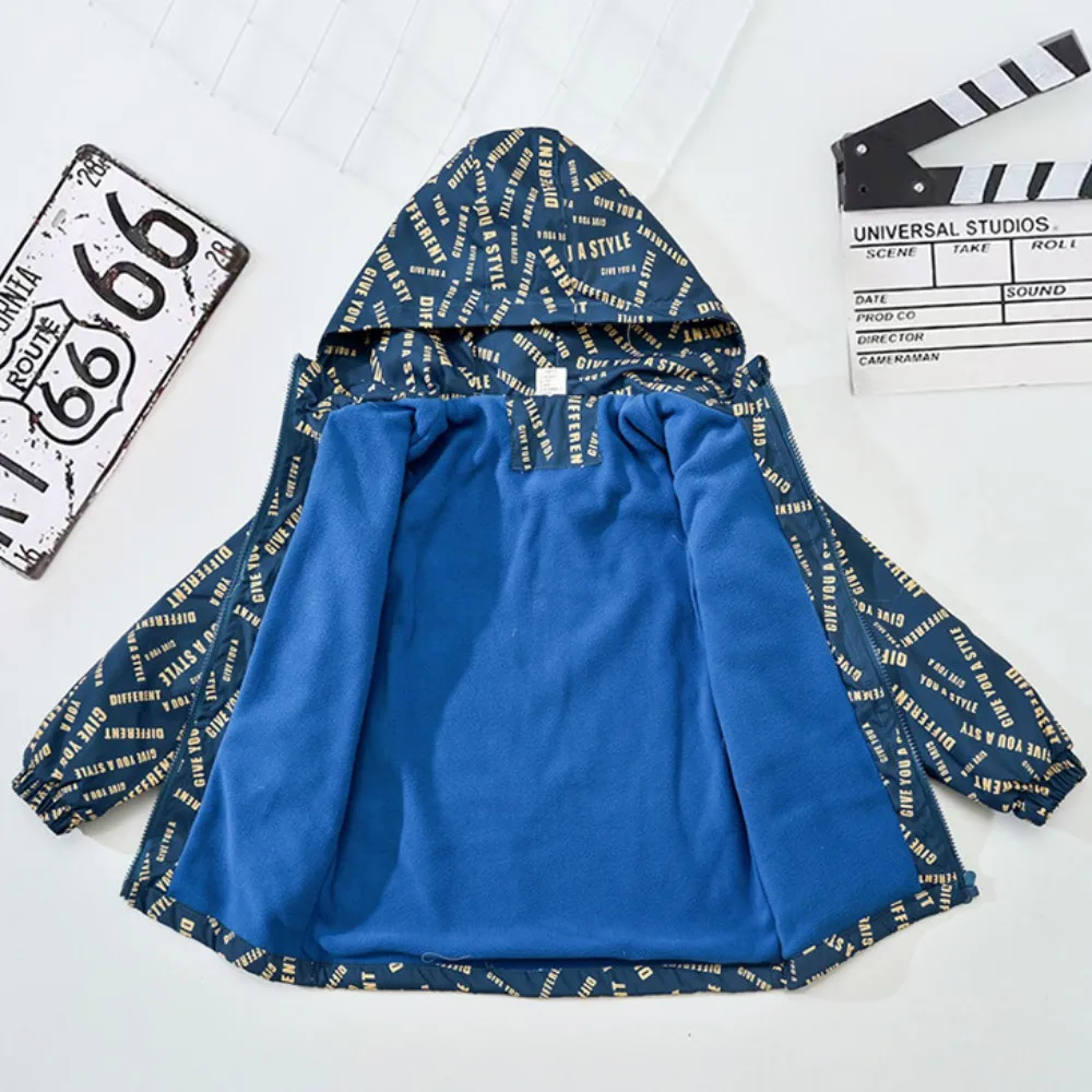 

Kids Windbreaker Fleece Jacket Boys Girls Autumn Winter Windproof Outerwear Zipper Hooded Coat Fashion Childrens Clothes Jacket