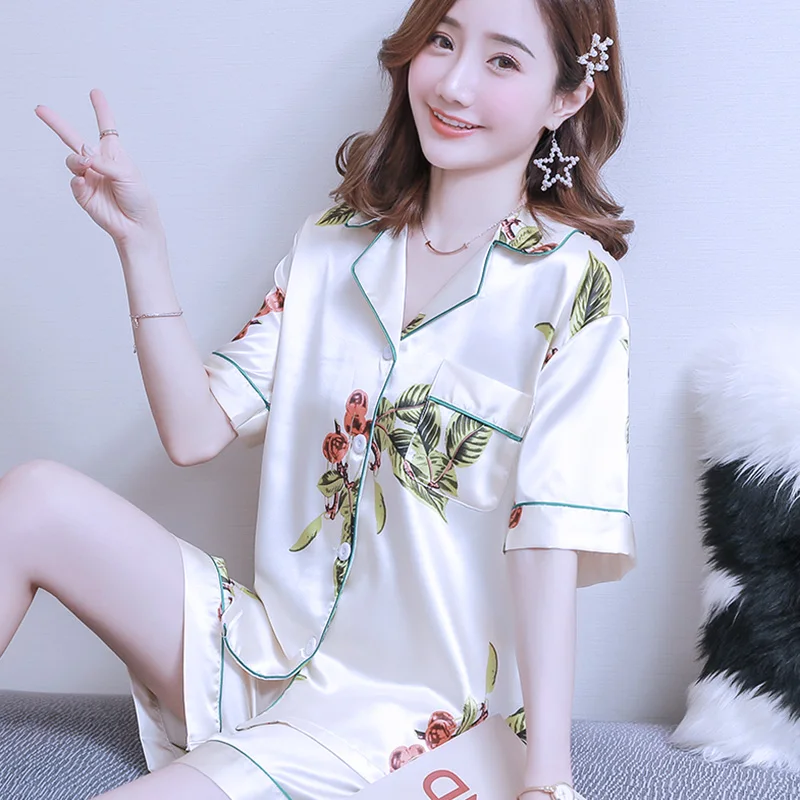 Women's Summer Thin Short Sleeve Shorts Silk Set Ice Silk Summer Home Clothes Princess Two Piece Set Large Size Pajamas