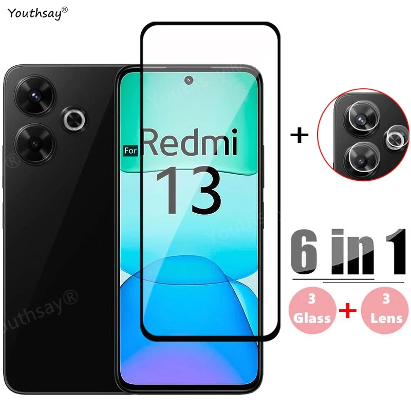 6 в 1 стекло для Redmi 13 полное покрытие закаленное Xiaomi защита экрана HD защитная