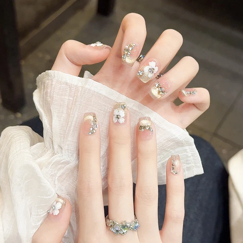 10 шт. милые накладные ногти ручной работы с цветком глянцевые алмазные полное