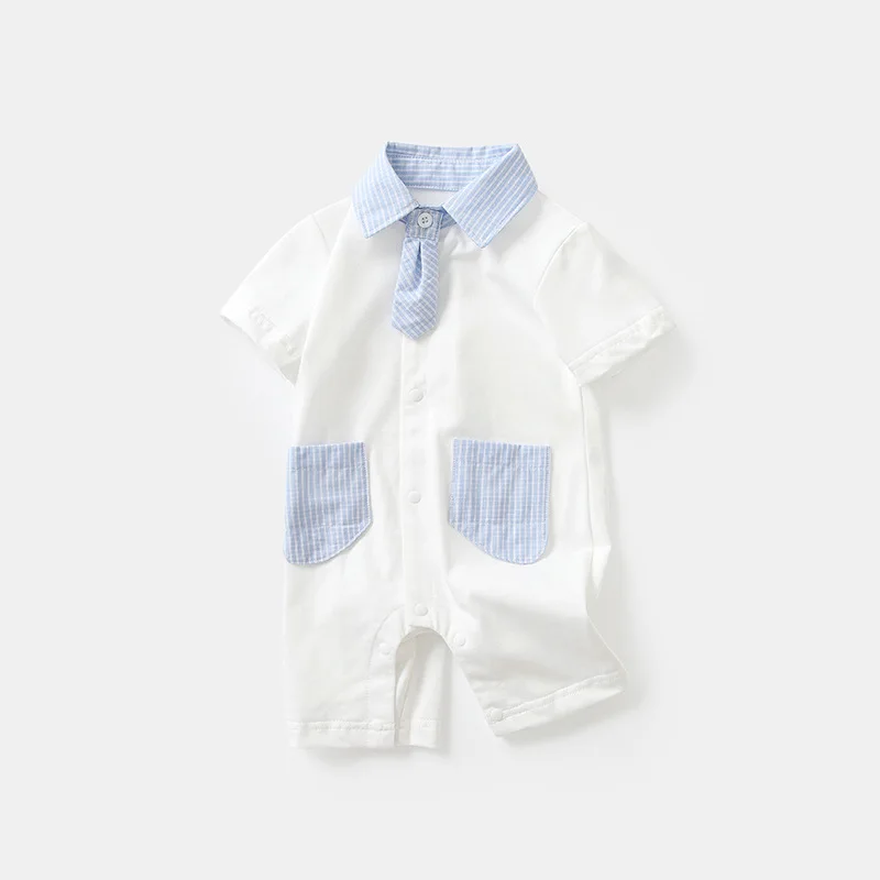 

Летние комбинезоны для маленьких мальчиков, Модный хлопковый комбинезон в стиле преппи с галстуком для новорожденных, Корейская одежда с коротким рукавом для малышей