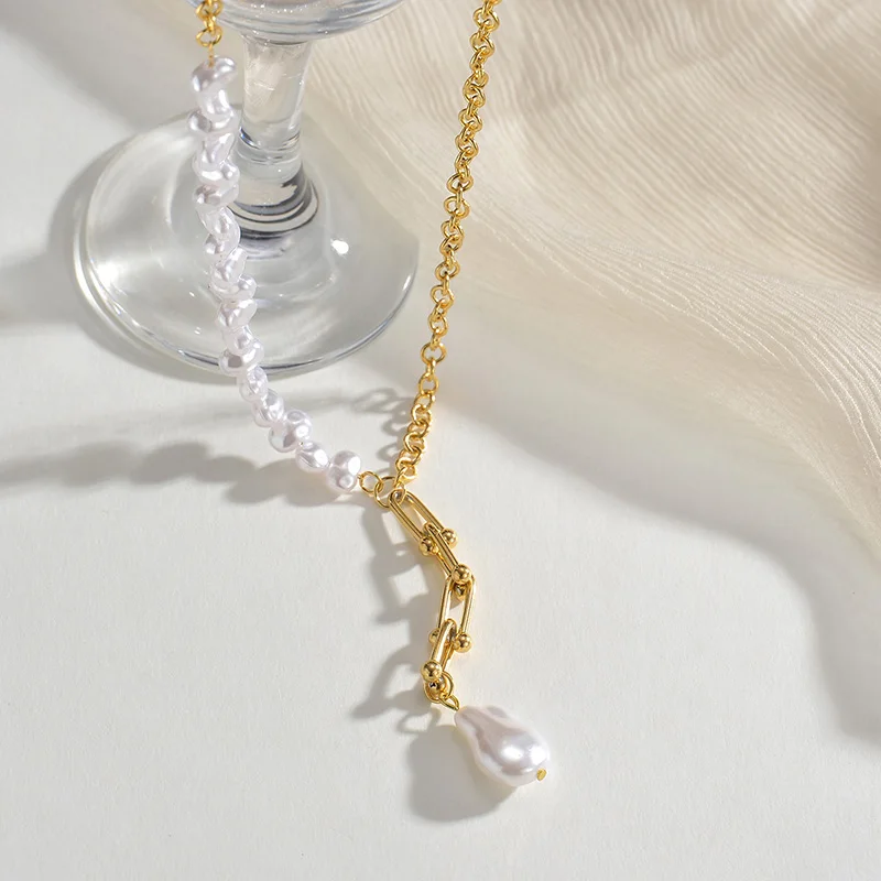 

Fashion Women Girl Necklace Gold Color Long Chain White Imitated Pearl Pendants Stainless Steel Jewellery Birthday Gift