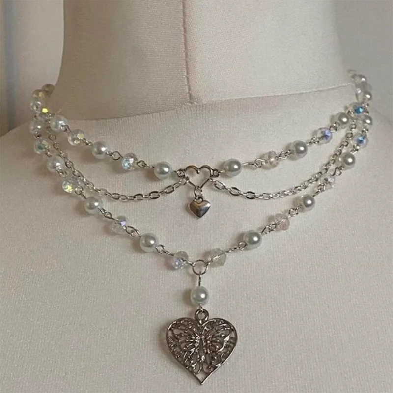 

Faux Pearls Butterfly Heart Fairycore Choker Necklace for Women Y2k Cottagecore Rosary Necklace Fairycore Jewelry Y2K Neck Acces