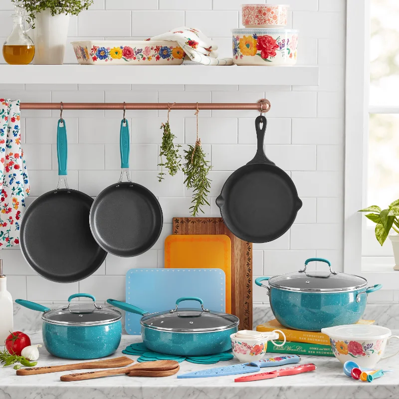 

The Pioneer Woman Brilliant Blooms 38-Piece Cookware Set, Teal stainless steel cookware set cooking pots set