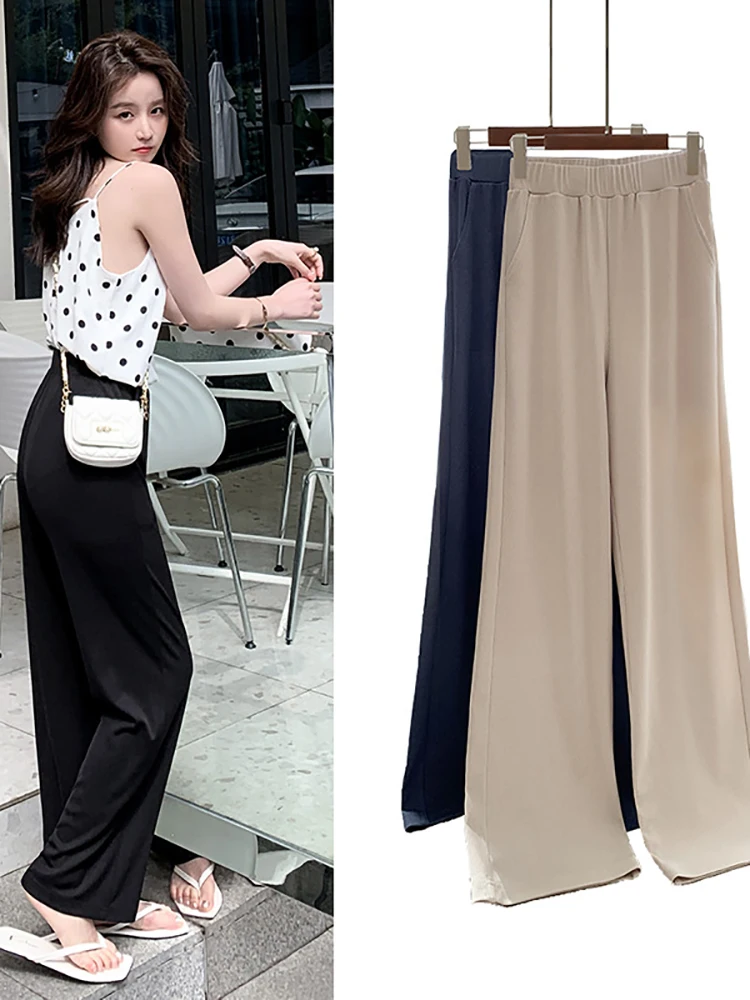 Spring Summer Women High Waisted Wide Leg Pants with Pockets Sags Thin Black Silk Trousers Straight Loose Casual Pants for Women
