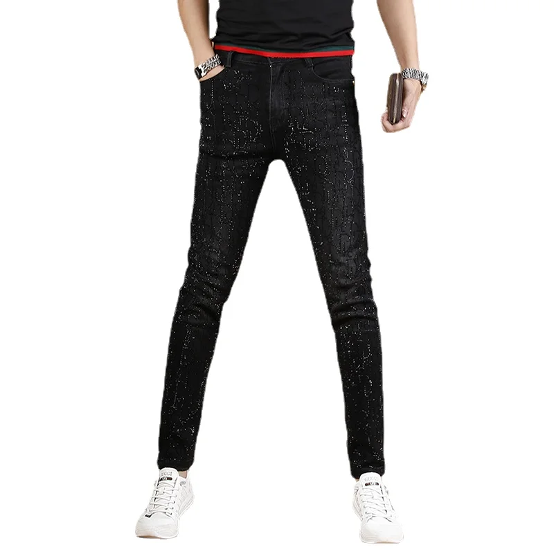 Autumn New Men Black Jeans Fashion Rhinestone Slim Fit Straight Pants Streetwear Casual Cotton Stretch Denim Trousers