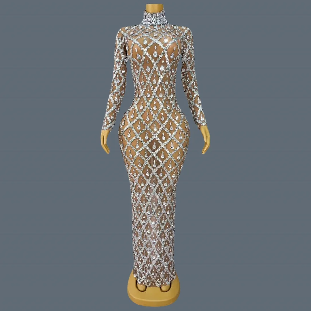 Роскошное прозрачное сетчатое платье с блестящими стразами для вечеринки по