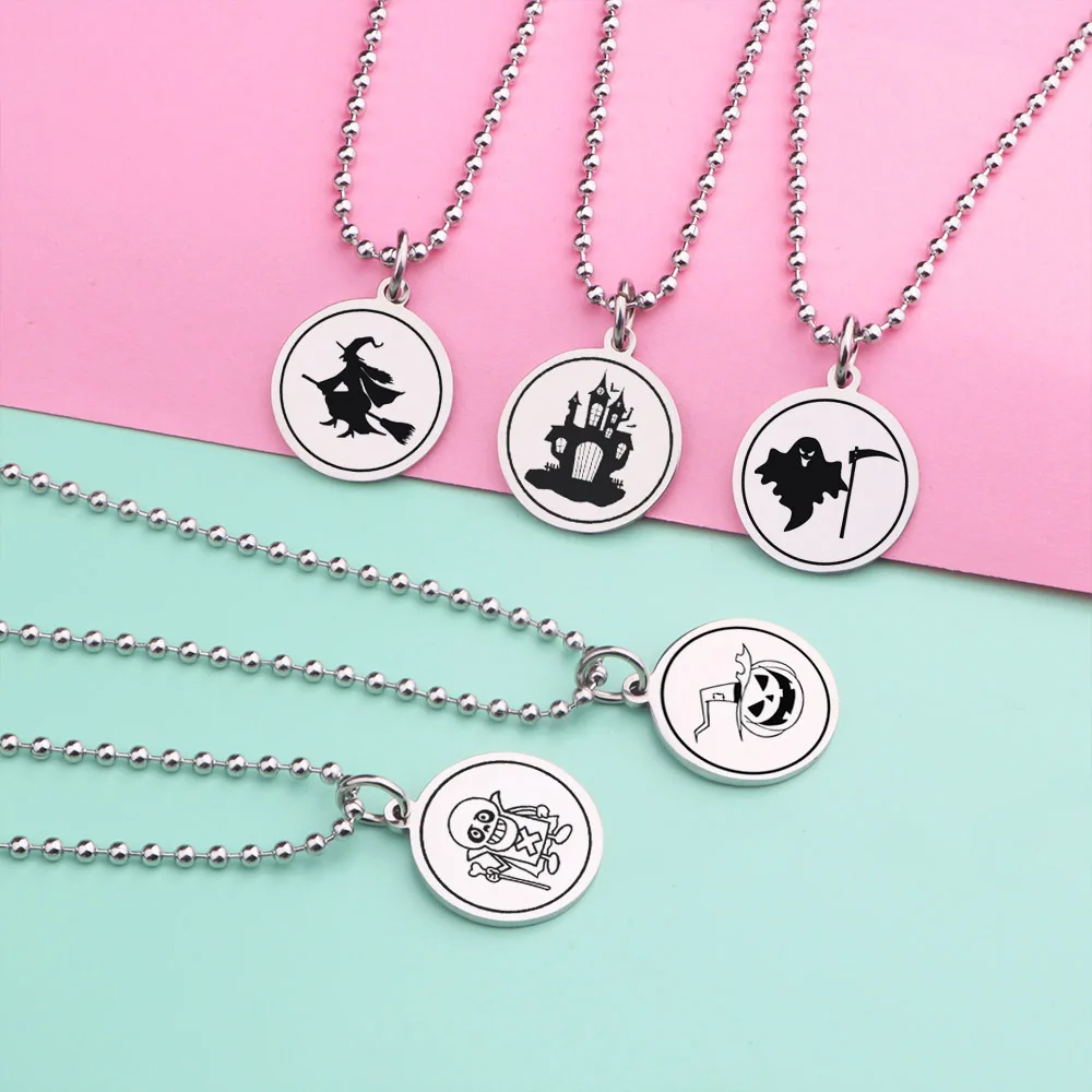 

Новое ожерелье из нержавеющей стали, подвеска на Хэллоуин, ведьма, тыква, кулон, детское украшение, милый мультяшный замок призрака