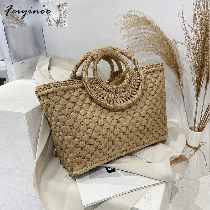 

Woven Bucket Bag Casual Handbags Popular Handmade Braided Basket Vacation Straw Clutch Totes Women Summer Beach Weave Beach Bag