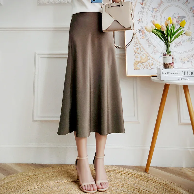 

Women's 32Mumme Thick Silk Skirt High Waist A-line Knee Length Mid-Length Solid Color Skirt Spring Summer 2023 New