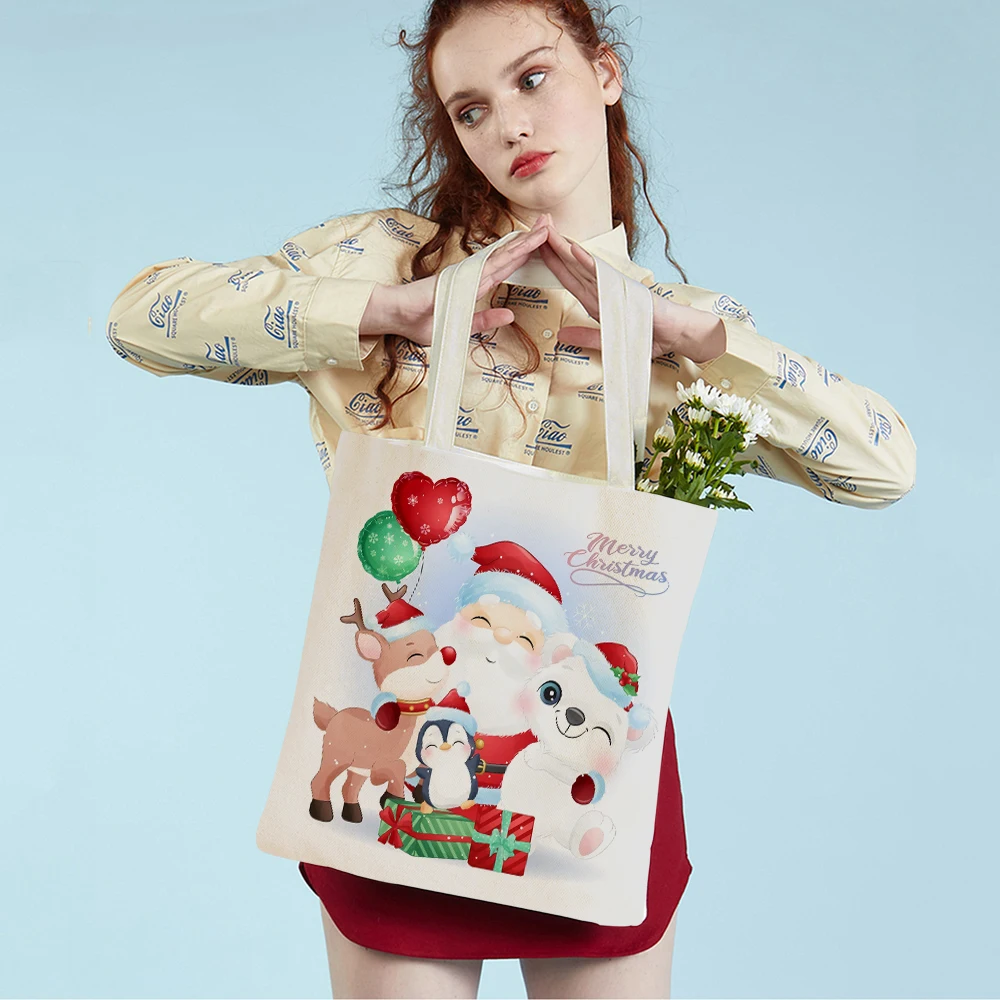 

Merry Christmas Canvas Children Student School Bag Shopping Bag Both Sided Print Cute Cartoon Cat Santa Claus Animal Travel Tote