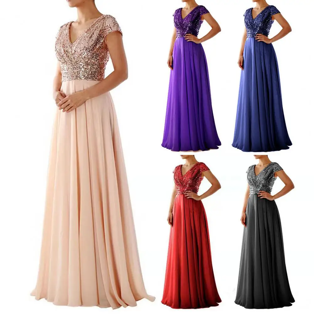 

Stylish Wedding Dress Skin-touch Party Dress Floor Length Female Sequins Chiffon Prom Cocktail Long Dress Slim Fit