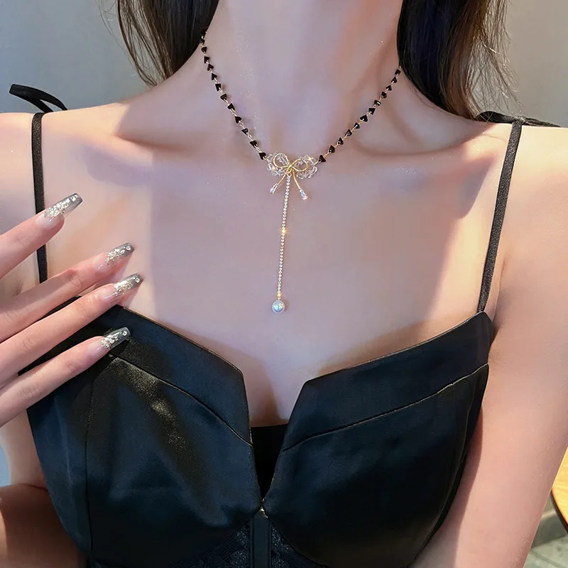 

Korean Heart Butterfly Pendant Tassel Necklaces for Women New Initial Rhinestone Pearl Choker Collar Clavicle Chain Jewelry
