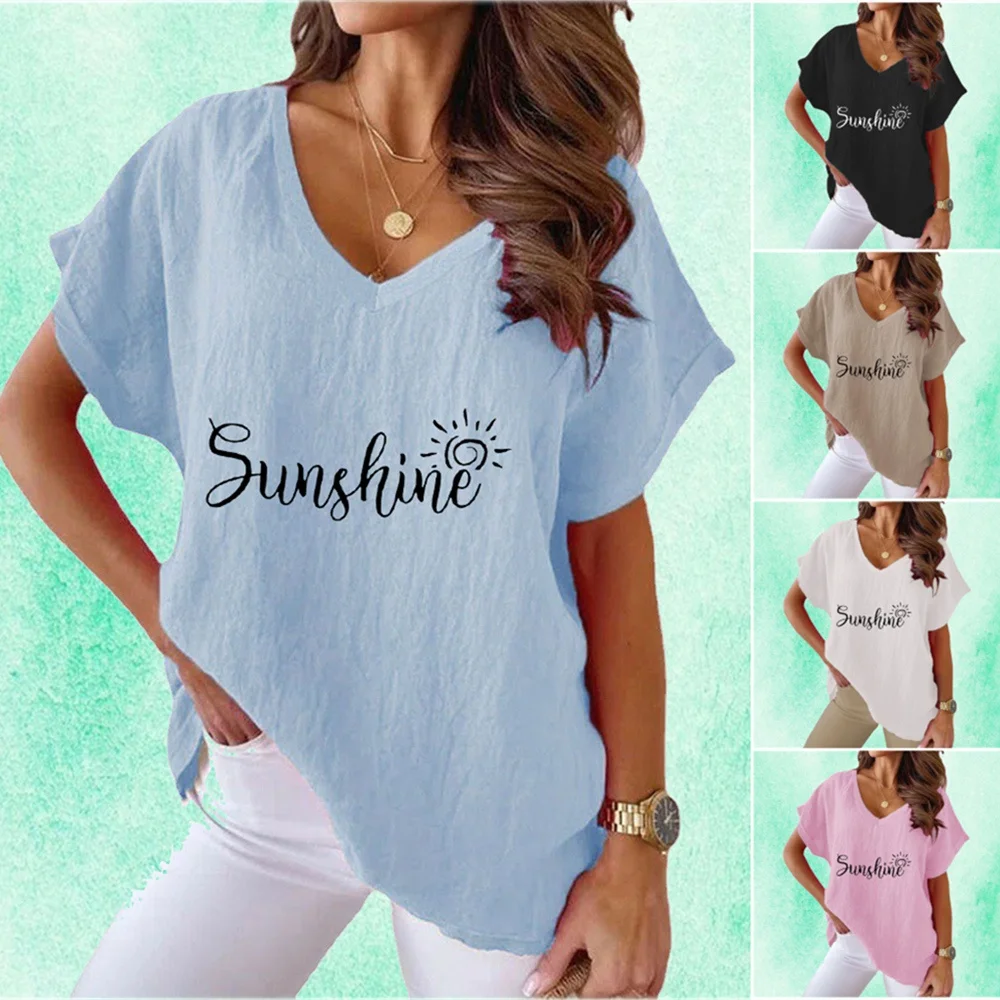 

Women Fashion V Neck Top Summer Letter Printed Tee Shirt Loose Short Sleeve Top Ladies Casual T-shirt