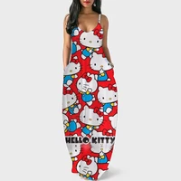hello kitty printed kawaii womens casual slip dress loose long double pocket summer beach resort dress womens dresses