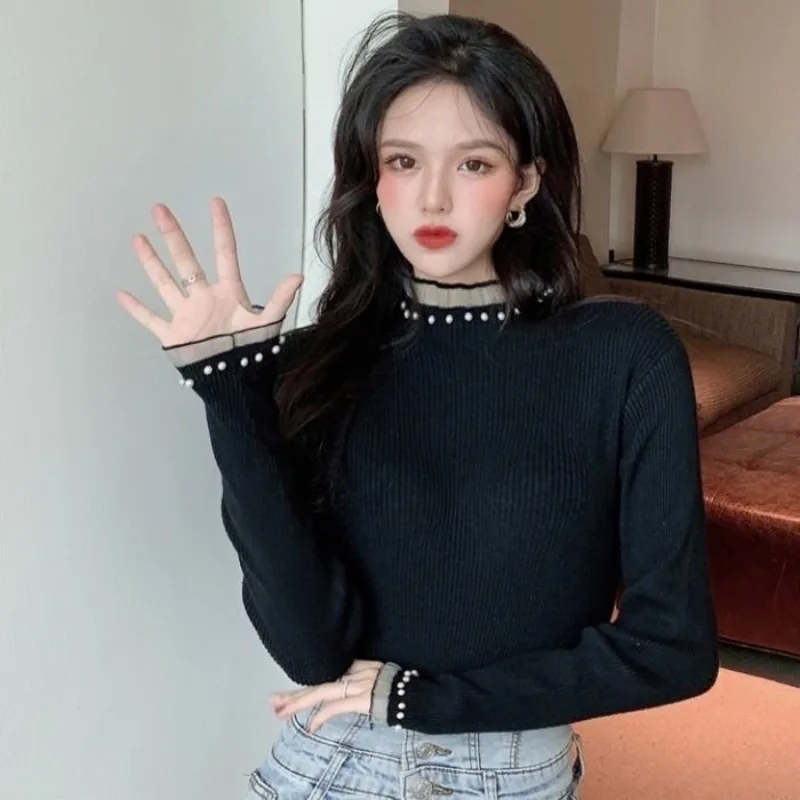 

See-through Pullover Mesh Turtleneck Gigh Neck Jerseys Women's Sweater Korean Style Trend 2023 Tricot Blouse Knit Tops for Woman