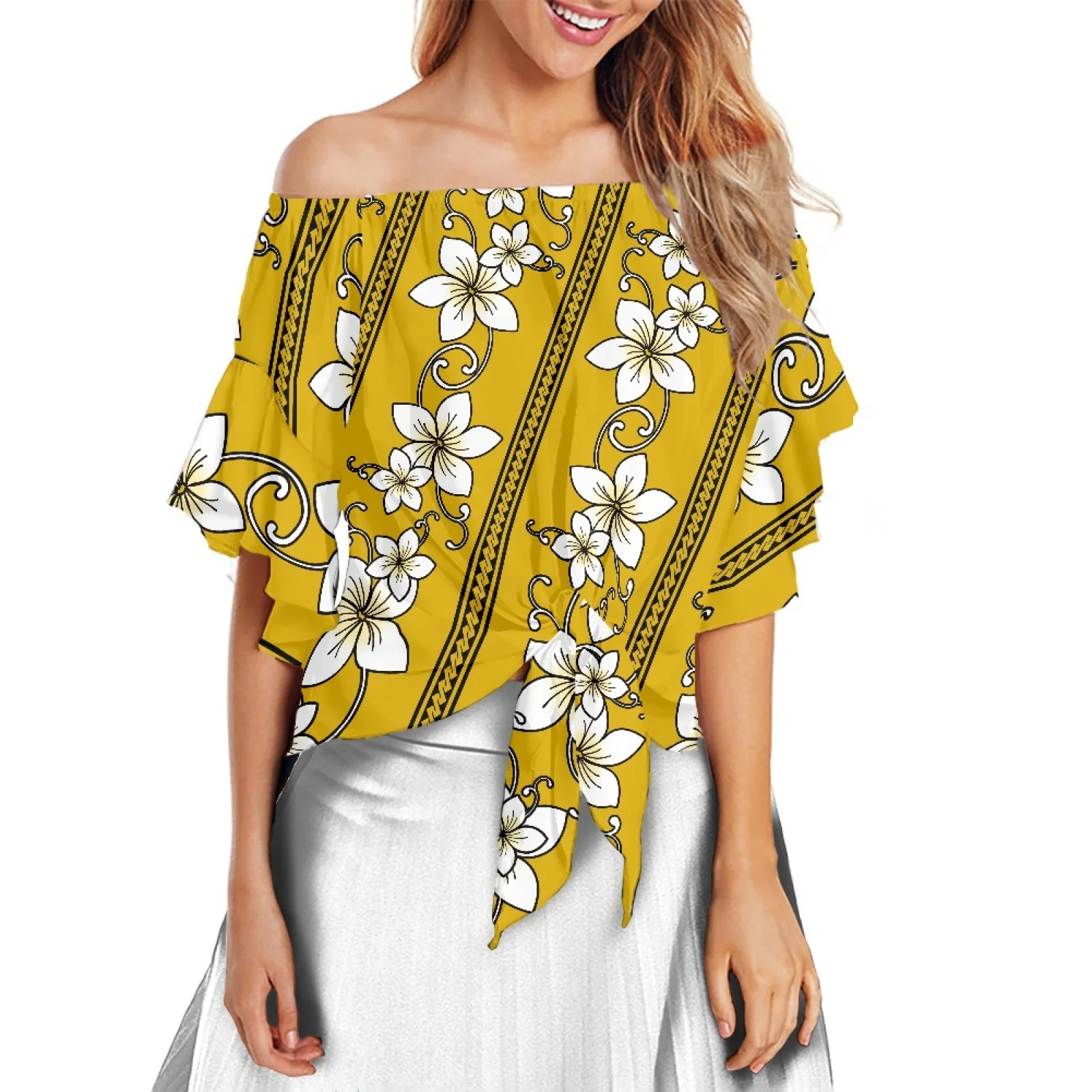 

Женская рубашка из 100% полиэстера, с открытыми плечами и Расклешенным рукавом