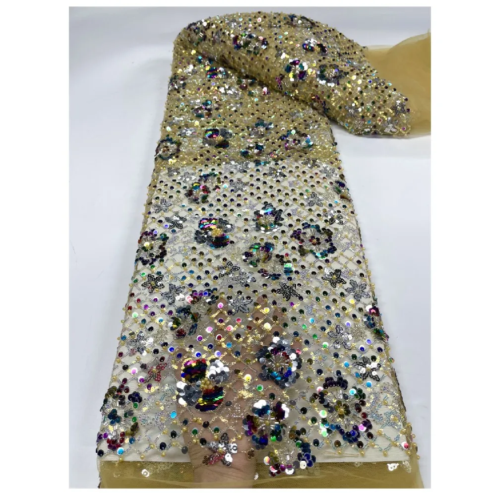 

2022 Africa Fashion High Quality Handmade Sequins Lace Luxury Beaded Tulle Lace Fabric French For Women Wedding 5Yards LY1134