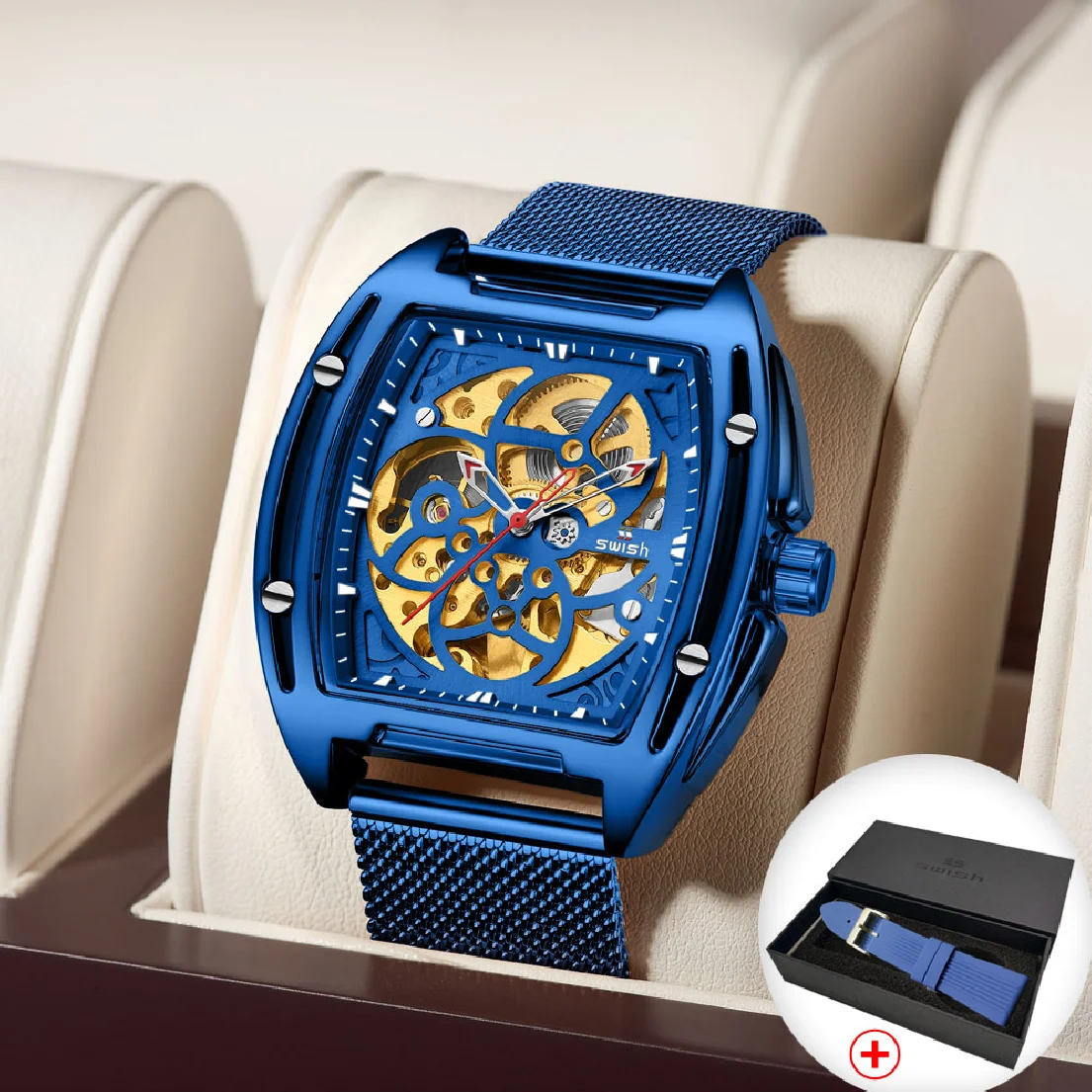 

Часы-скелетоны SWISH Мужские механические, синие наручные, с сетчатым ремешком, с автоподзаводом, роскошные деловые