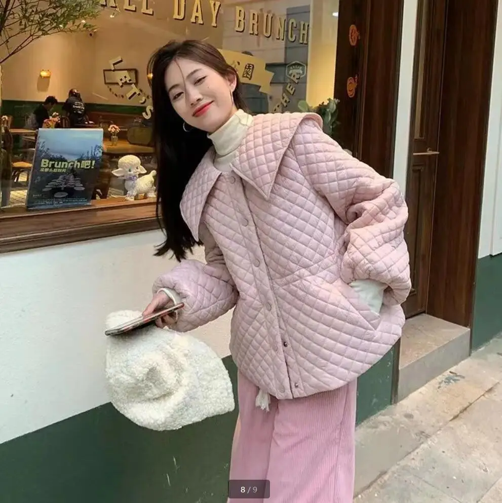 Vintage Long Sleeves Parka Mujer Single-breasted Belt Outerwear 2023 Winter Padded Jacket Women Lingge Quilted Doll Collar Coat