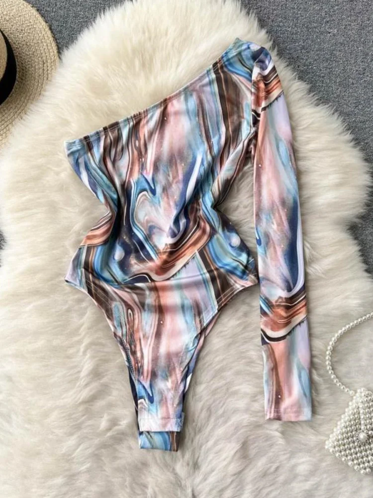 

Ins Fashion One Shoulder Bodysuit Women 2022 New Spring Summer Vintage Striped Print Long Sleeve Skinny Fit Club Party Body Tops