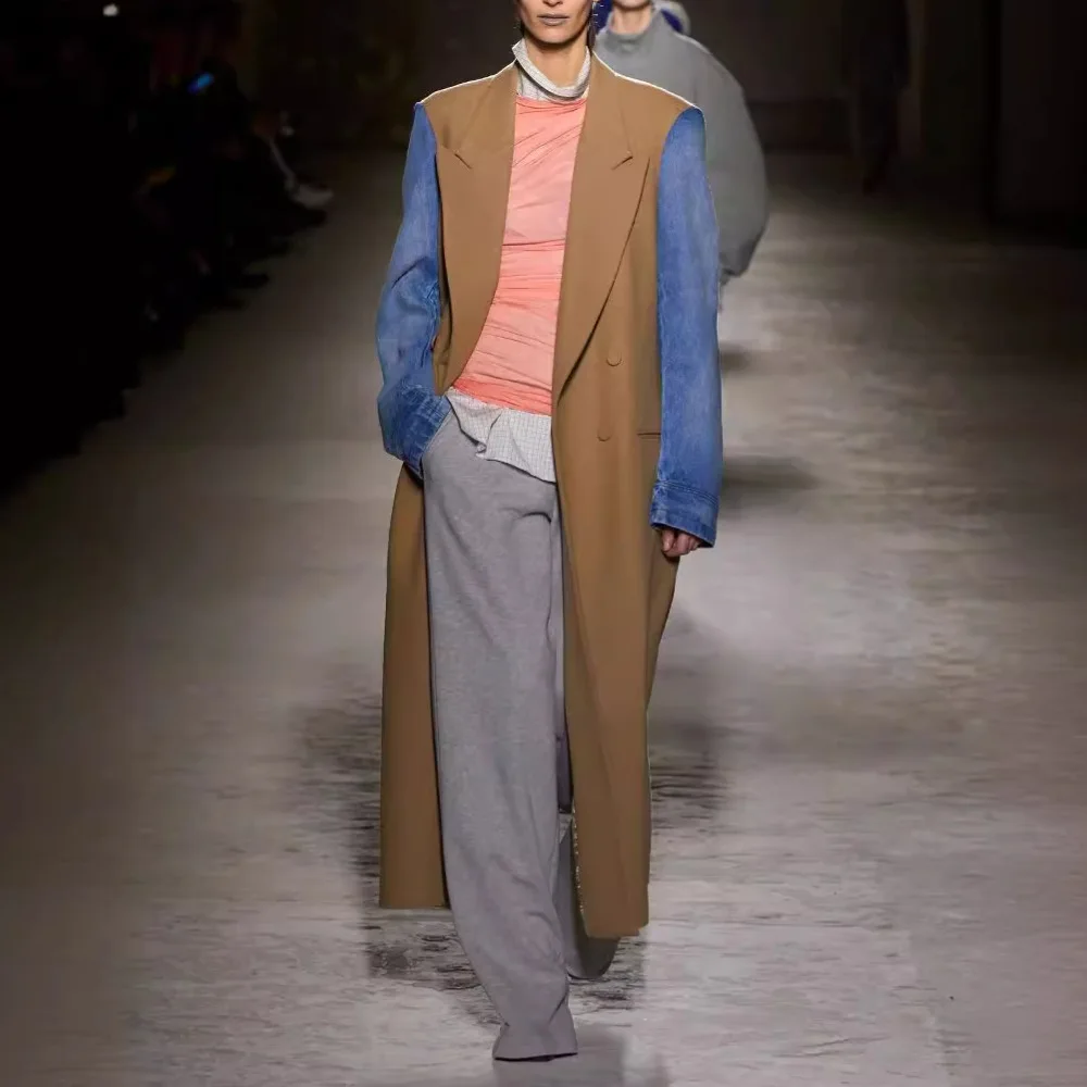 Женский Длинный блейзер из денима синий/хаки двубортный Блейзер деловая