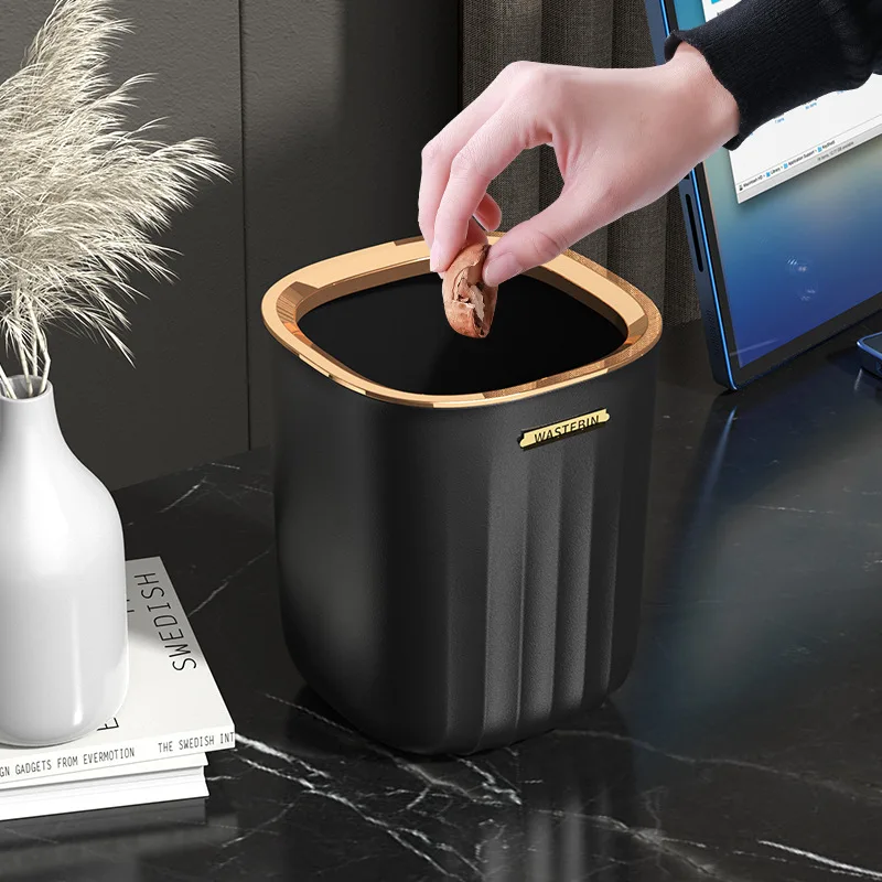 

Desktop Trash Can Office Coffee Table Storage Bucket Light Luxury Wind Uncovered Living Room Paper Basket with Pressure Ring