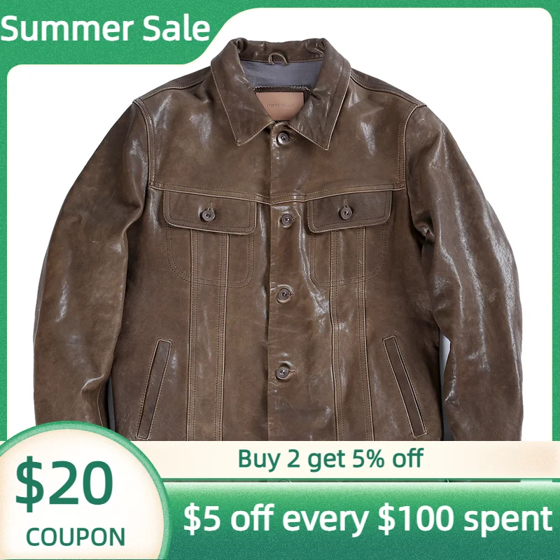 

2022 винтажная коричневая американская Повседневная стильная мужская куртка из натуральной кожи однобортное пальто размера плюс 4XL из натур...