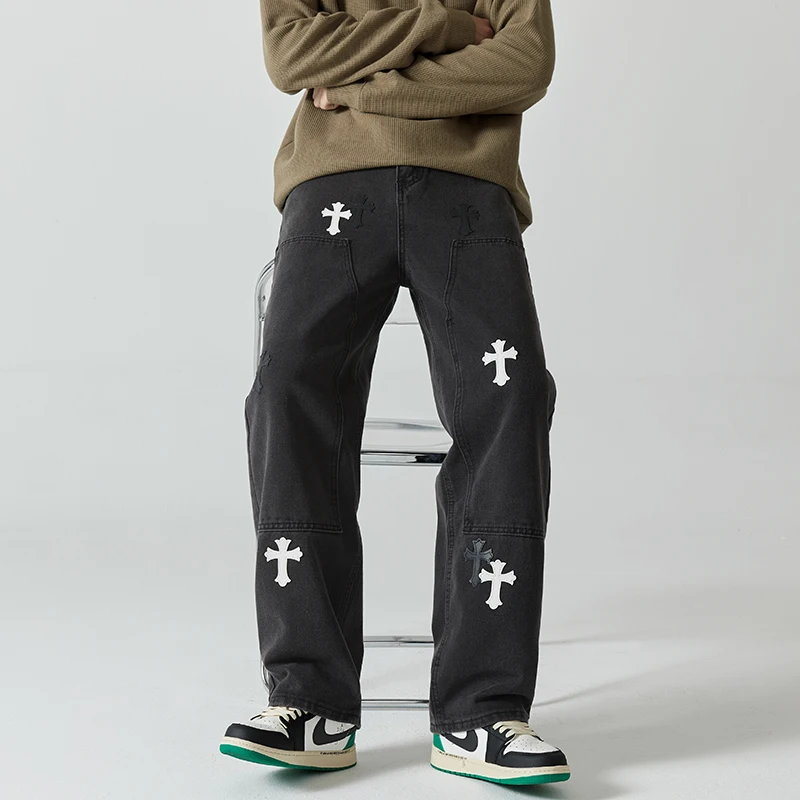 Men's Wide Leg Jeans Unisex Denim Trousers Loose Straight Cut Cross Patch Cargo Pants Hip Hop Trend Men's Loose Pants Streetwear