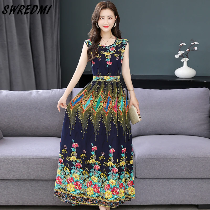 

Summer Loose Vintage Dress Women Sleeveless High Waist Print Long Dresses Female Beach Clothing SWREDMI