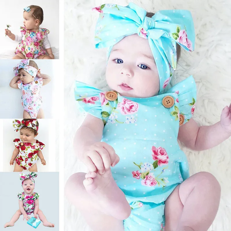 

Baby Girl Spaghetti straps Halter Romper + Headband Jumpsuit Floral Sunsuit Outfits 2 pieces Set for Christmas