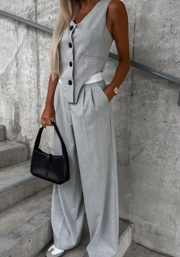 Женский элегантный комплект из двух предметов жилет без рукавов в полоску и