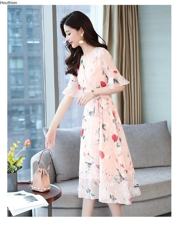 

Шифоновое свободное женское платье, новинка, модная летняя женская одежда средней длины с коротким рукавом и V-образным вырезом