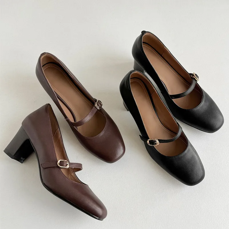 Туфли-лодочки MKKHOU женские натуральная кожа круглый носок высокий каблук Ретро