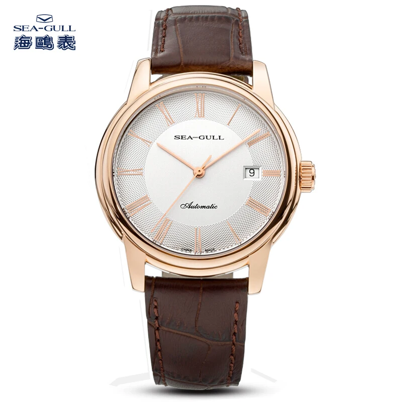 

Seagull Genuine Leather Band Gold Tone 3 Hands Guilloche Automatic Men's Watch Sea-gull D519.405 relogio masculino