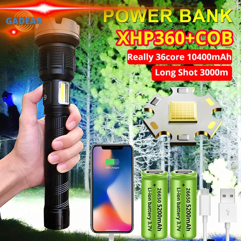 

5000000 Lumens XHP360-36core Flashlight Most Powerful 10400mah USB Rechargeable Zoom Lantern for Camping Hiking Hunting Fishing