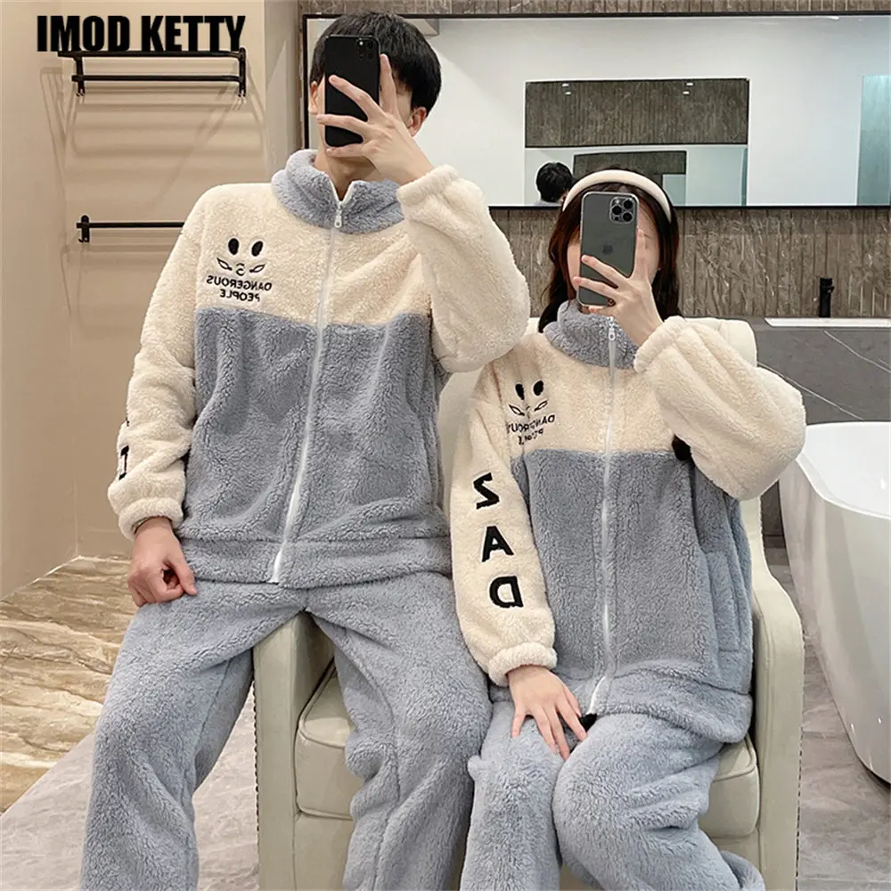 

Winter Thickening Warm Flannel 2Piece Set Pyjamas Suit Casual Nightwear Home Clothes Soft Sleepw Pajamas Sets Women Coral Fleece