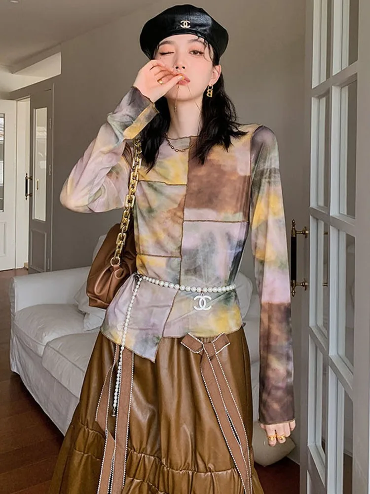 Yedinas сетчатые топы с асимметричным подолом Женская Прозрачная Футболка