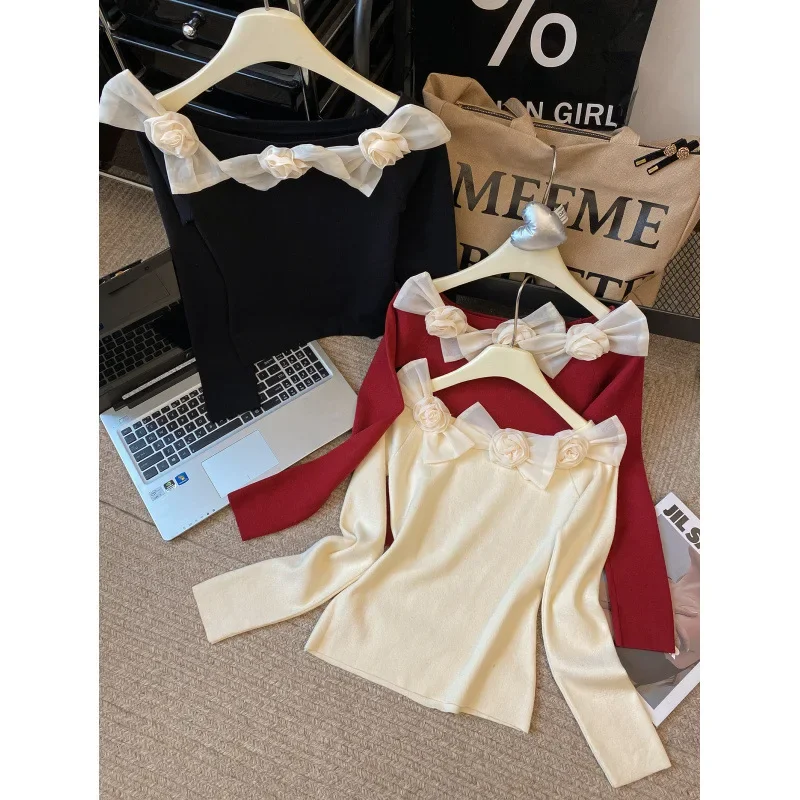 Вязаный топ Sweetslims свитер с открытыми плечами и бантом гладкий силуэт инструмент