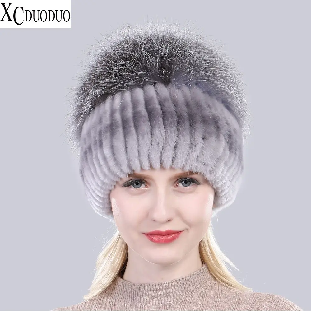 

Winter Fur Hat Russian Women Luxury Good Elastic Real Fox Fur Hats Knitted Natural Rex Rabbit Fur Cap Top Silver Fox Fur Caps