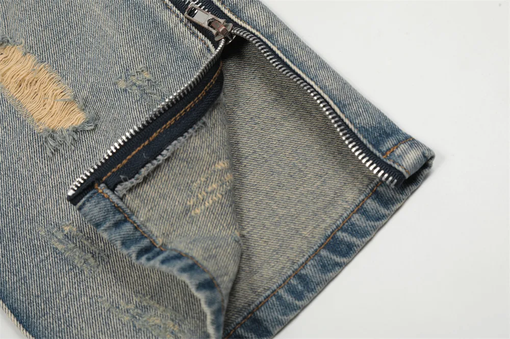 Ins Y2k Mens Washed Denim Jeans High Street Hole Hip Hop Fashion Straight Loose Wide-Leg Long Pants Feet with Zipper Hot Sale
