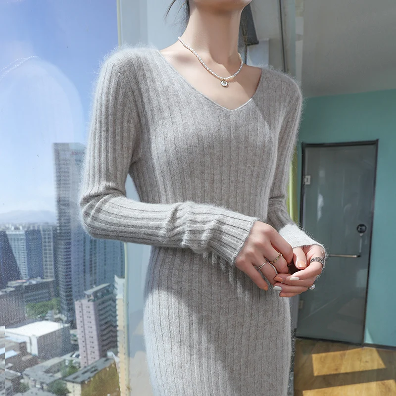 Новинка Осень-Зима 100% Норковое кашемировое женское вязаное платье с V-образным