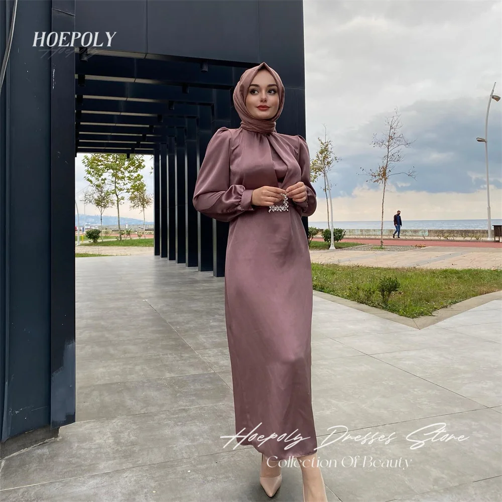 

Hoepoly Elegant High Neck Muslim Arabic Women Evening Dresses Long Sleeves Crystal Belt Modest Party Casual Dress New 2023
