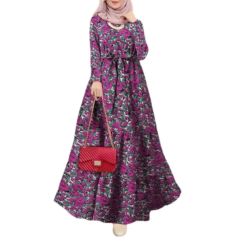 Morocco Catanf Dubai Turkish Abaya Hijab Dress Vintage Long Dress Women Muslim Dress Printed Sun Dress Long Sleeve Robe Belt