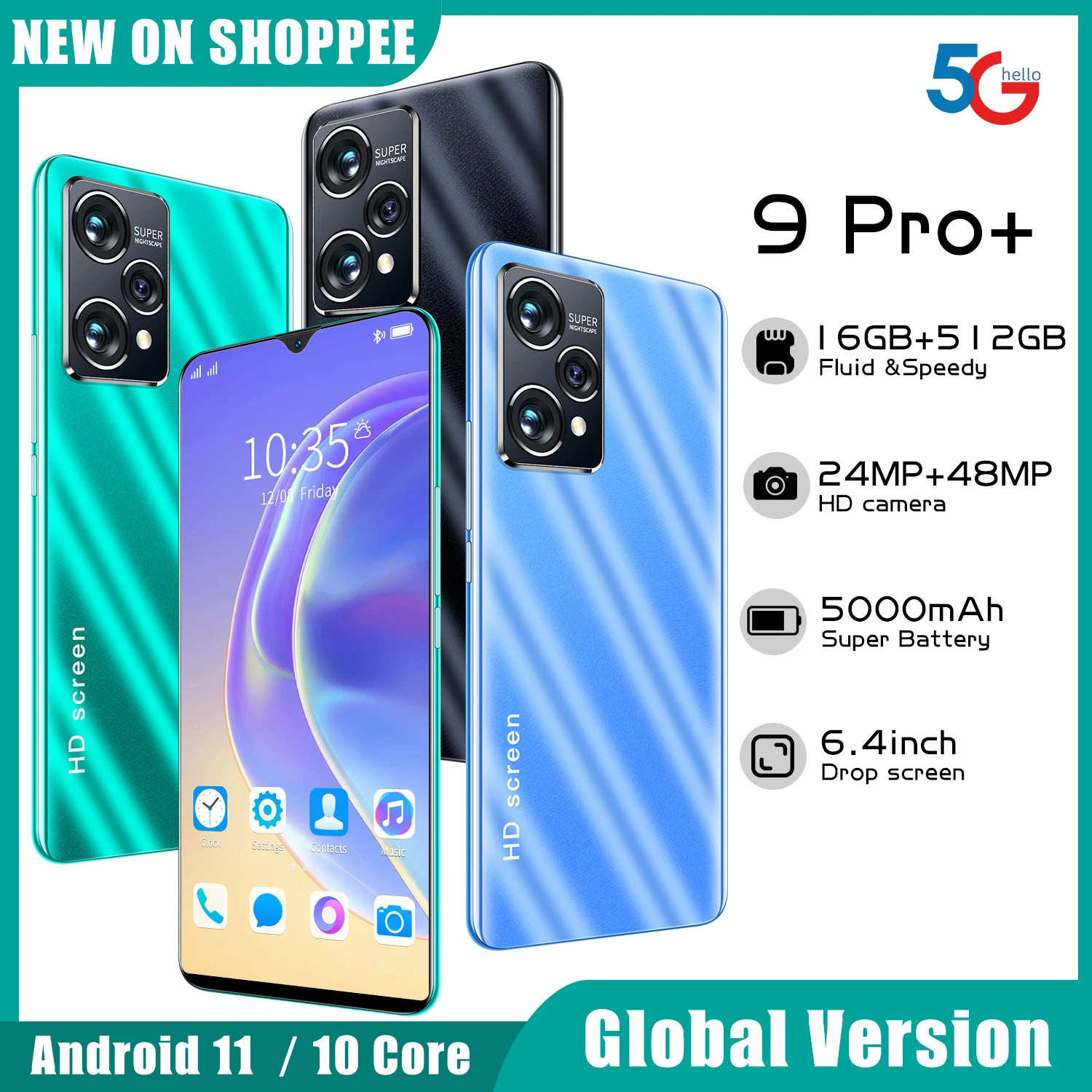 

2022 9 Pro+ 8+128GB/256GB 6.4 Inch 1080X2320 24MP+48MP 5000mAh Android 11.0 Smartphone 10 Core MTK6889 Fingerprint ID Cellphone