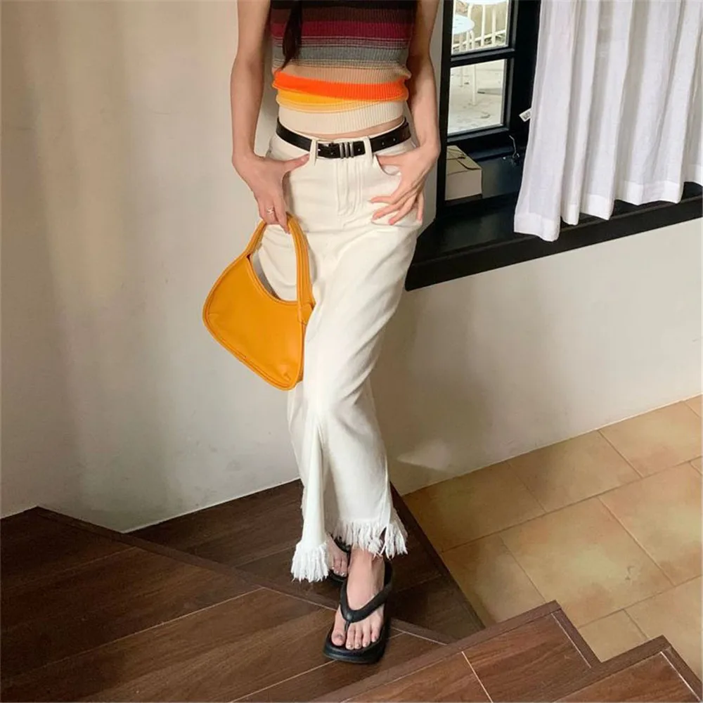 Женская джинсовая юбка с высокой талией белая облегающая длинная составного