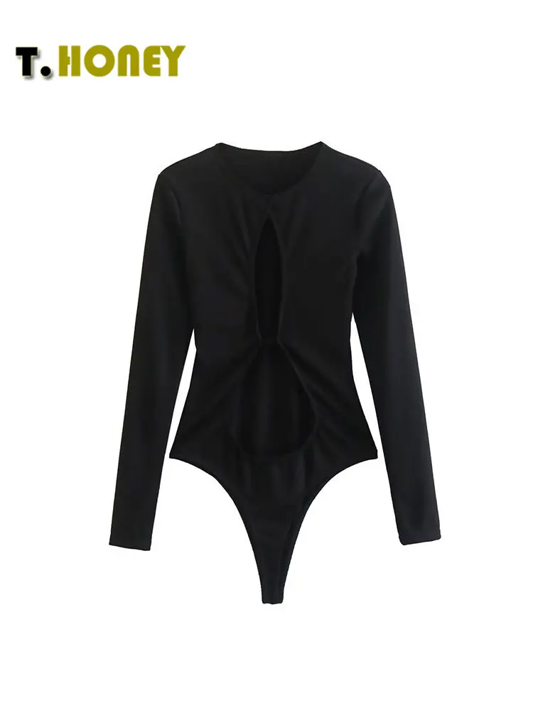 

TELLHONEY женский модный трикотажный комбинезон с круглым вырезом и длинными рукавами, Женский однотонный Облегающий комбинезон с вырезами спереди и высокой талией, шикарные топы