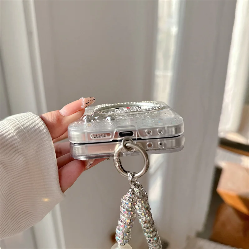 Милый чехол для телефона с зеркальным медведем Samsung Z Flip 6 5 4 3 цепочкой корейские